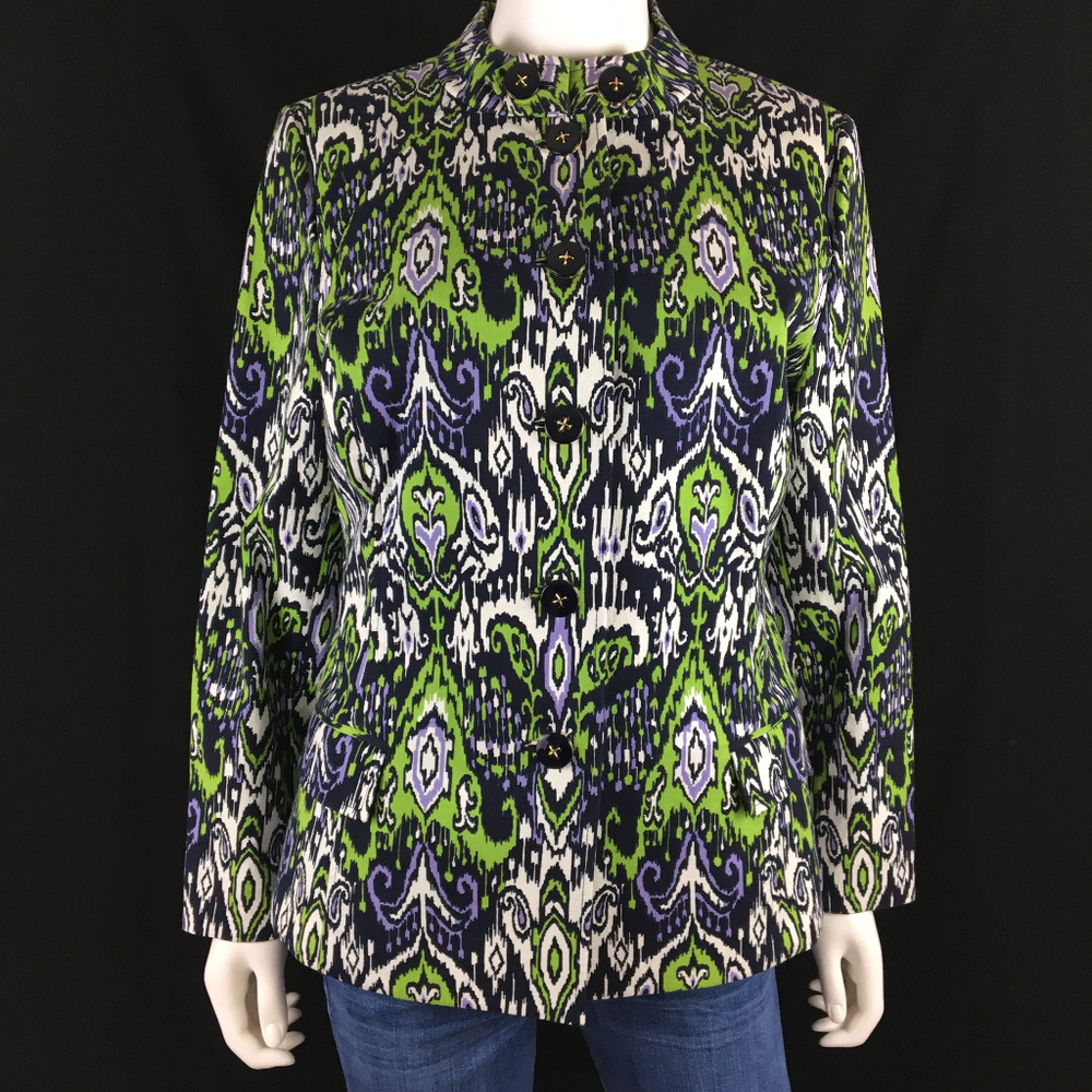 St John Sz L Green Silk Blend Paisley Print Blazer